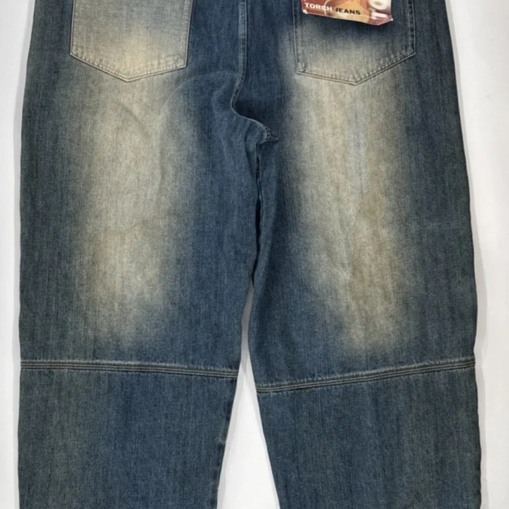 Y2K Torch Jeans Mens 48x34 Denim Patchwork Distressed Wide Baggy Hip Hop Urban - Picture 4 of 13